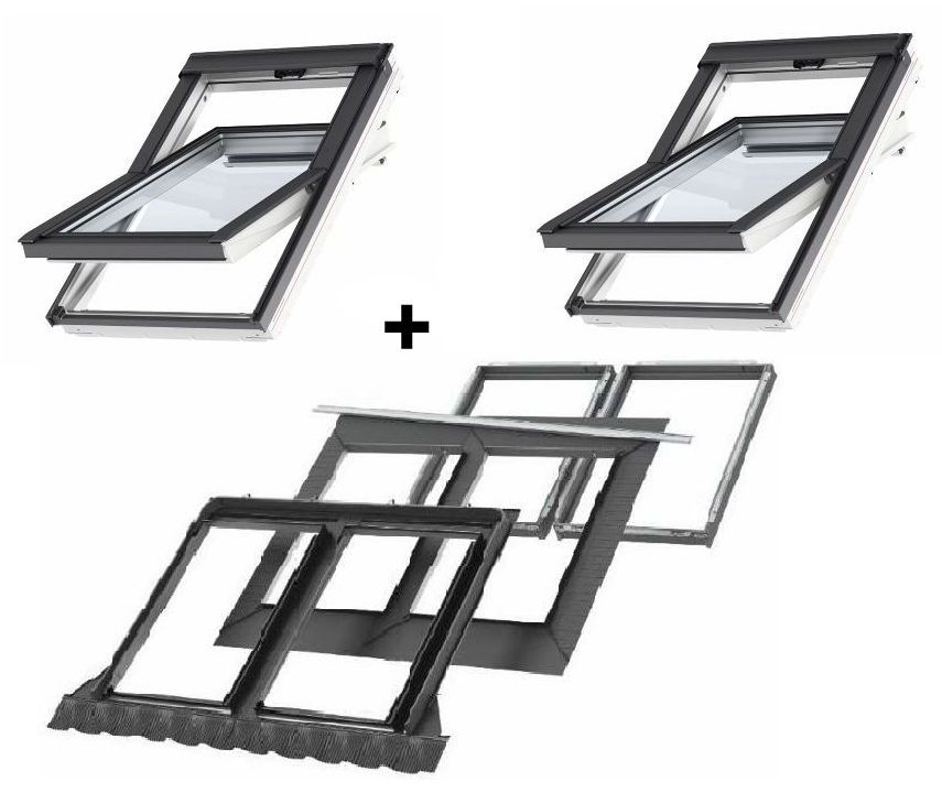 Zestaw: 2 x okno VELUX GLU 0061B MK06 78x118 + kołnierz podwójny EKW 2021M MK06 78x118 z ramą izolacyjną BDX